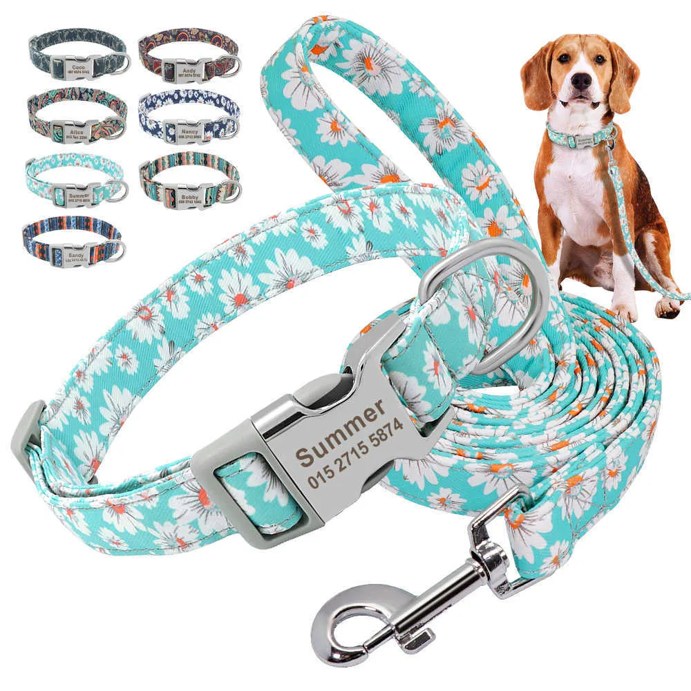 Personalized Nylon Dog Collar Leash Set Printed Custom Dog ID Tag Collar Engraved Pet Puppy Collars For Small Medium Large Dogs 211006