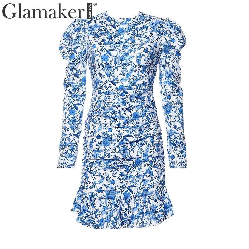 Glamaker Bleu robe en porcelaine à imprimé floral Femmes hiver élégante mini robe à manches longues Party club à volants femme robe d'automne 210412