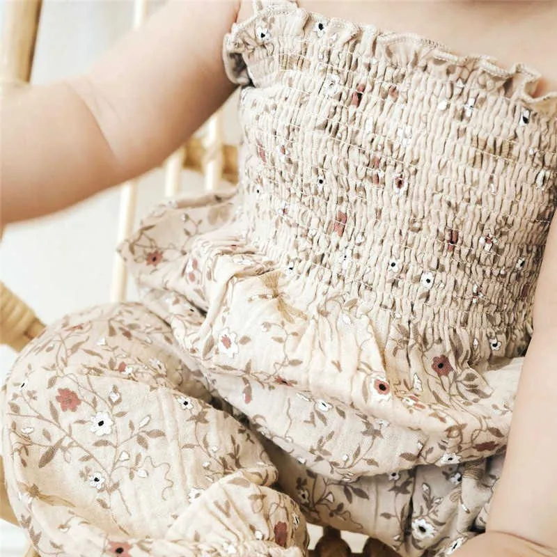 Bébé 100% coton salopette pour l'été beau motif floral combinaisons Vintage marque Design fille vêtements 210619