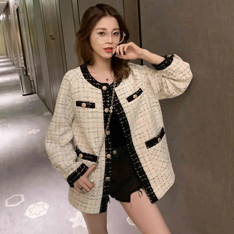 Women Fashion Coat Autumn Winter Thin Checkered Single Breasted Tweed Casual Loose Plaid Jacket Outerwear 210514