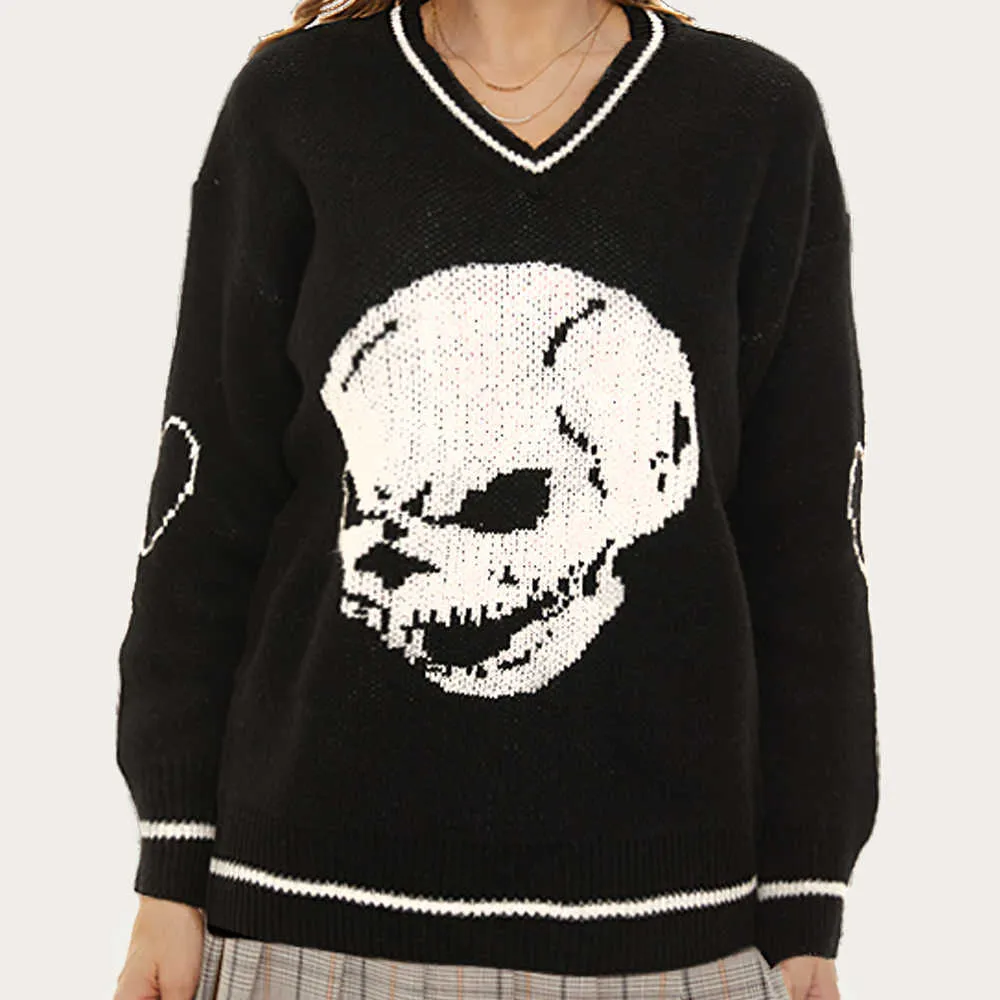 Women's V-neck Vest Skull Printed Sweater Loose Casual Knitted Comfortable Tops Street Retro Autumn Winter Jackets 211011