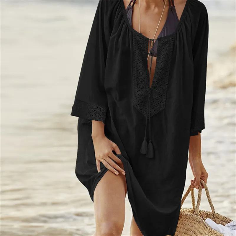 Kobiety kostium kąpielowy pokrywa UPS Sexy Kaftan Plaży Tunika Sukienka Lato Robe De Plage Solid Cotton Pareo Up # Q363 210420