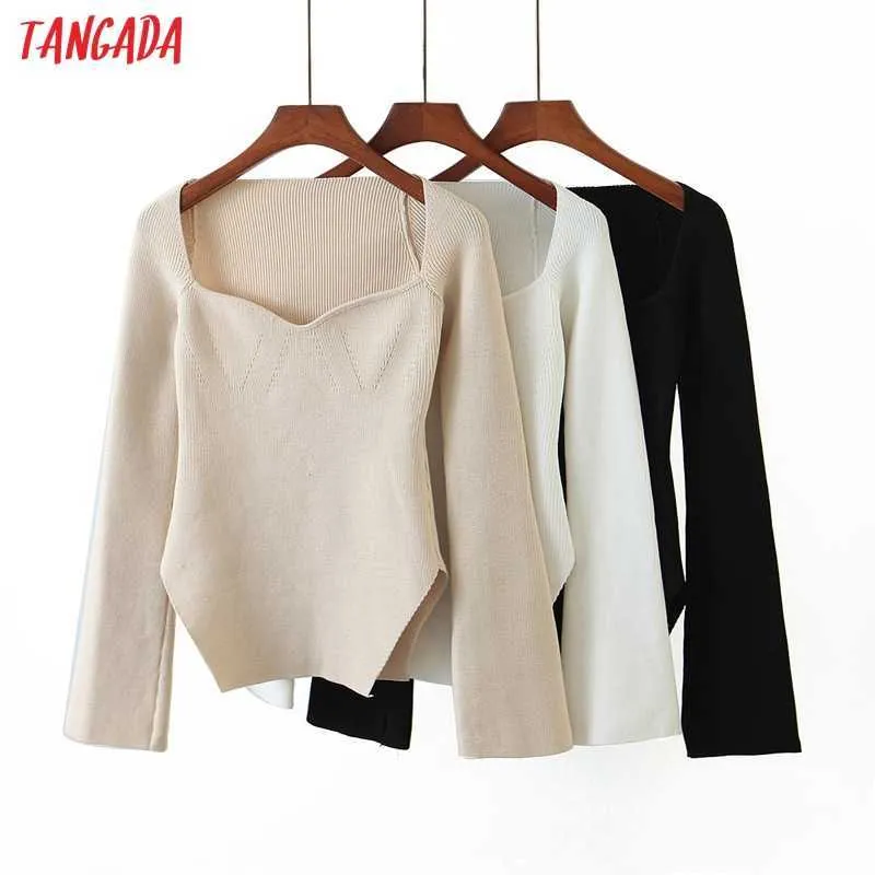 Tangada Fall Kvinnor Sexig Slim Sweater Cashmere Square Collar Stickad Pullover Högkvalitativ Jumper SP03 211011