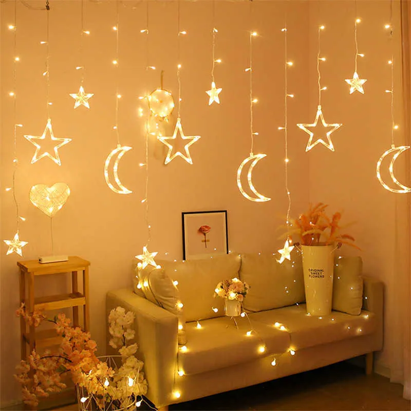 Lune Étoile LED Guirlande Lumineuse Année De Noël Rideau Lampe Eid Mubarak Décoration De Fête Pour La Maison Chambre Ramadan Kareem 211012