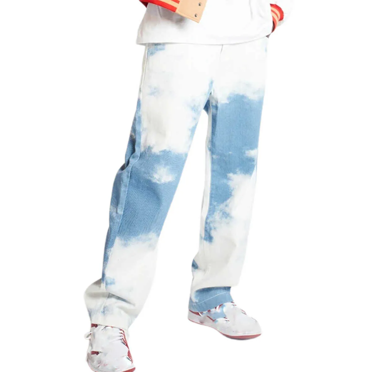 Hot Fashion Men Casual Loose Straight Denim Pants Tie Dye Print Sky Blå Långt Byxor Straight Jeans Street Style Outfits S-3XL X0621