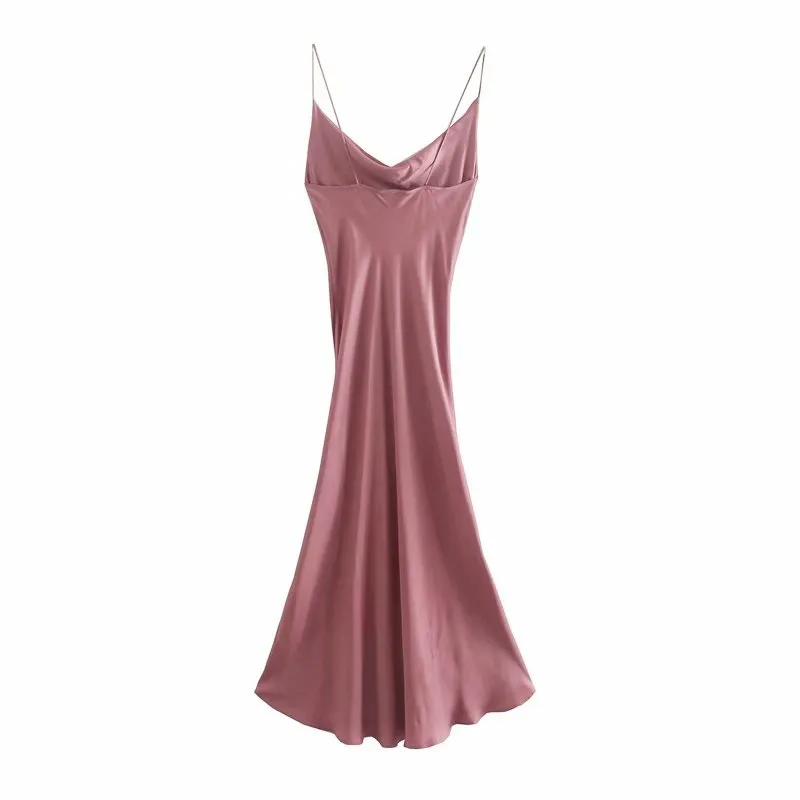 Vuwwwyv Różowy Satin Backless Slip Dress Kobiety Eleganckie Suknie Slim Party Midi Kobieta Lato Boczne Przycisk Plisowany Klub Vestido 210430