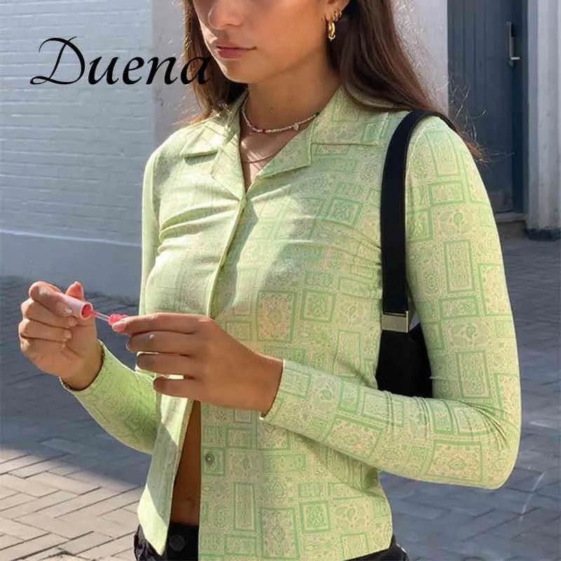 Duena Drukowana Koszula Z Długim Rękawem Green Y2K Przycisk Panie Odzież Kobiety 2021 Sexy Sheath Vintage Estetyczna Kołnierz T Koszulka Y0508