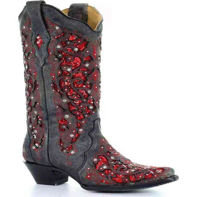 Kvinnor Taupe inläggningar Western Cowboy Boots Europeiska amerikanska stövlar retro mode tjock klack spetsad ärm kvinnor XM437 211105