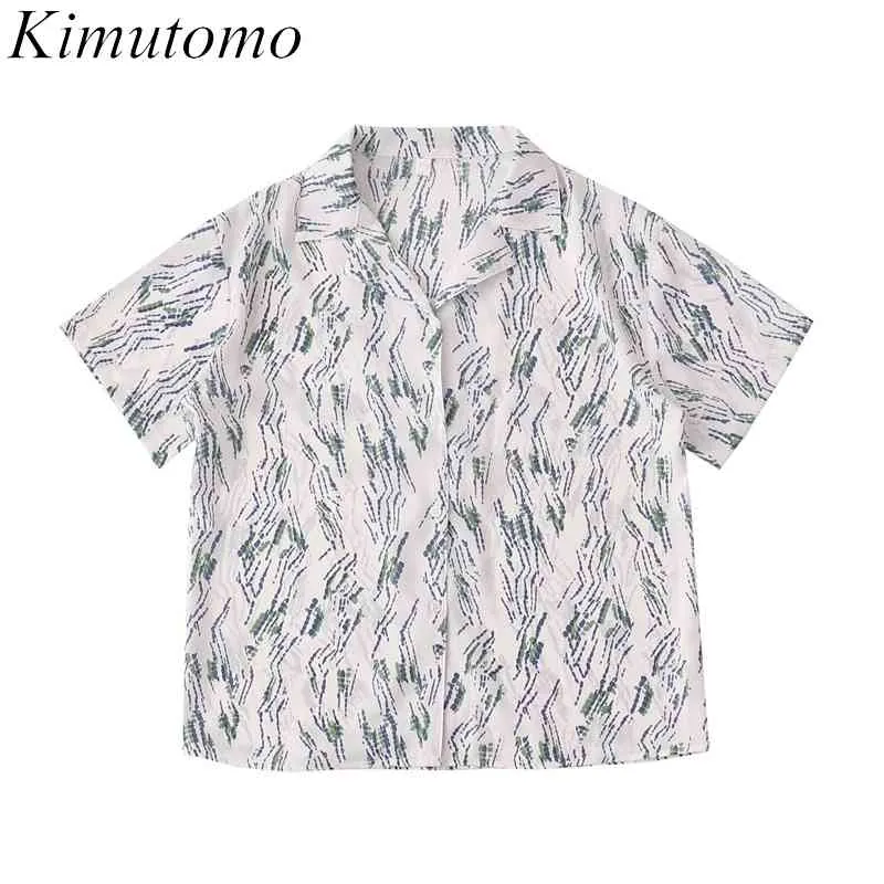 Kimutomo Chic Vintage chemisier coréen Hong Kong vacances Style été cranté à manches courtes en mousseline de soie imprimé chemise décontracté 210521