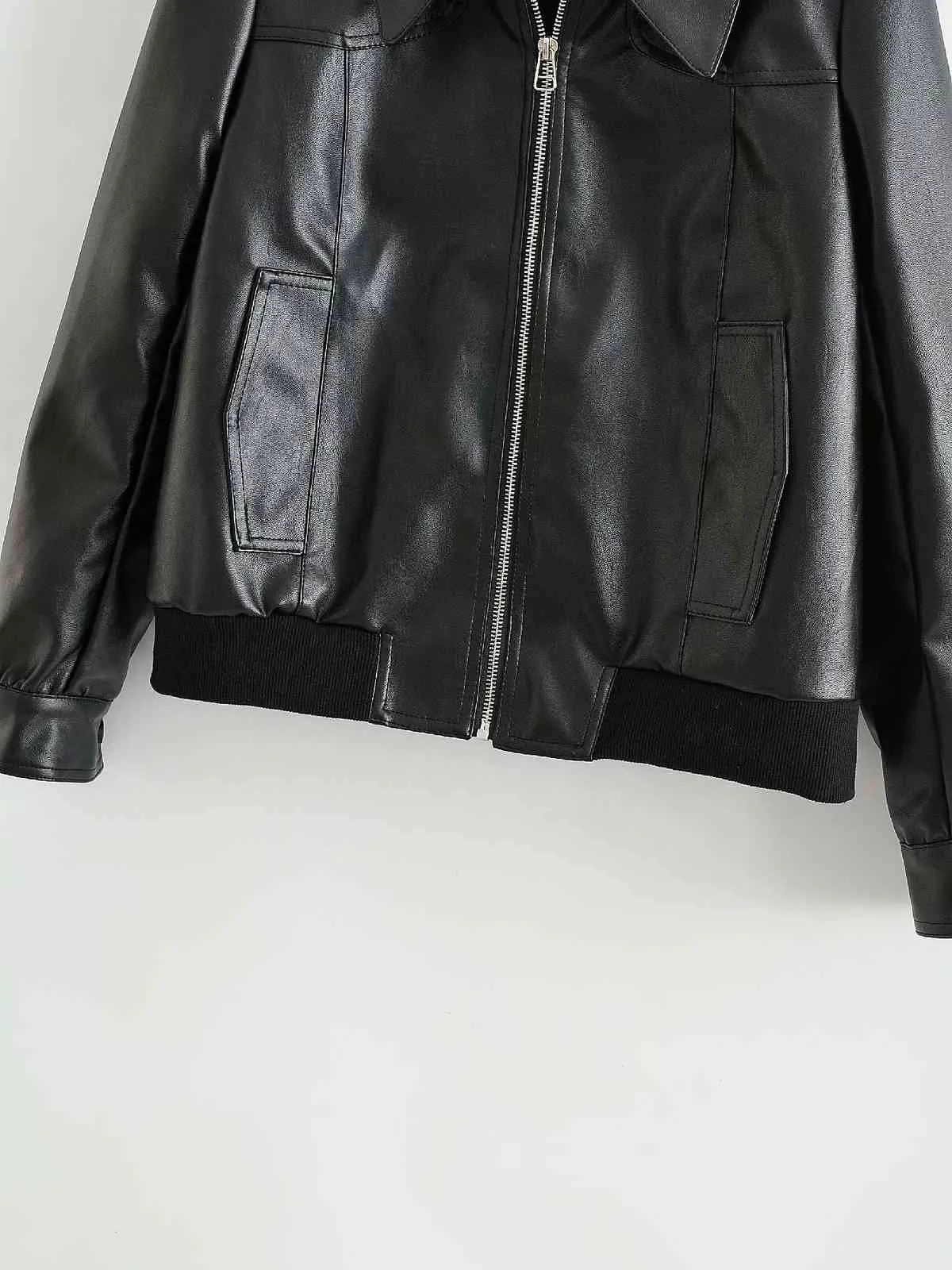 Chaqueta bomber de piel sintética negra para mujer Abrigo corto con cremallera estilo motociclista 210421