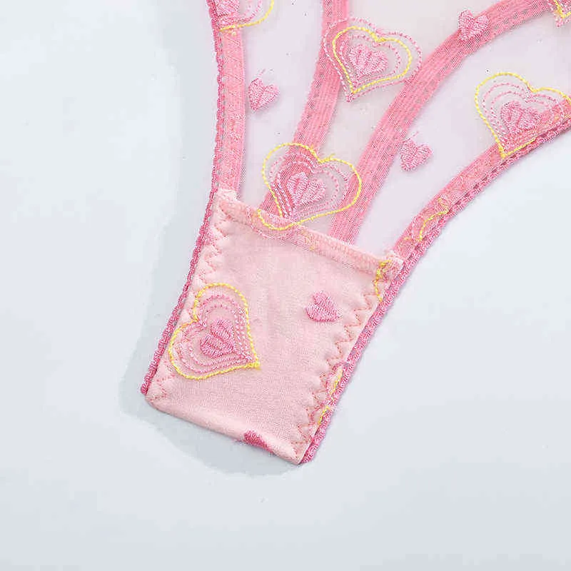 NXY sexy setAduloty Damen-Unterwäsche, rosa Herz, transparent, Tüll, Spitze, bestickt, sexy, erotische Dessous, Bügel, Garters, BH, Tanga, 1128