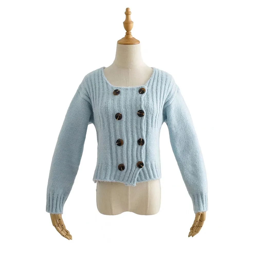 Vintage Double breasted Button Knitted Striped Line Cardigan Sky blue Retro Woman O neck Long Sleeve Jumper Korea Sweater 210429
