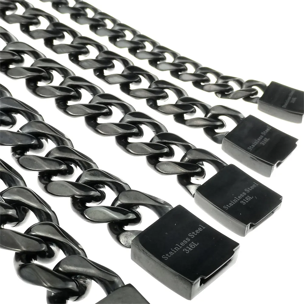 Bracciale da uomo con gioielli in acciaio inossidabile 316L con catena cubana Colore nero; Larghezza catena: 9~16mm