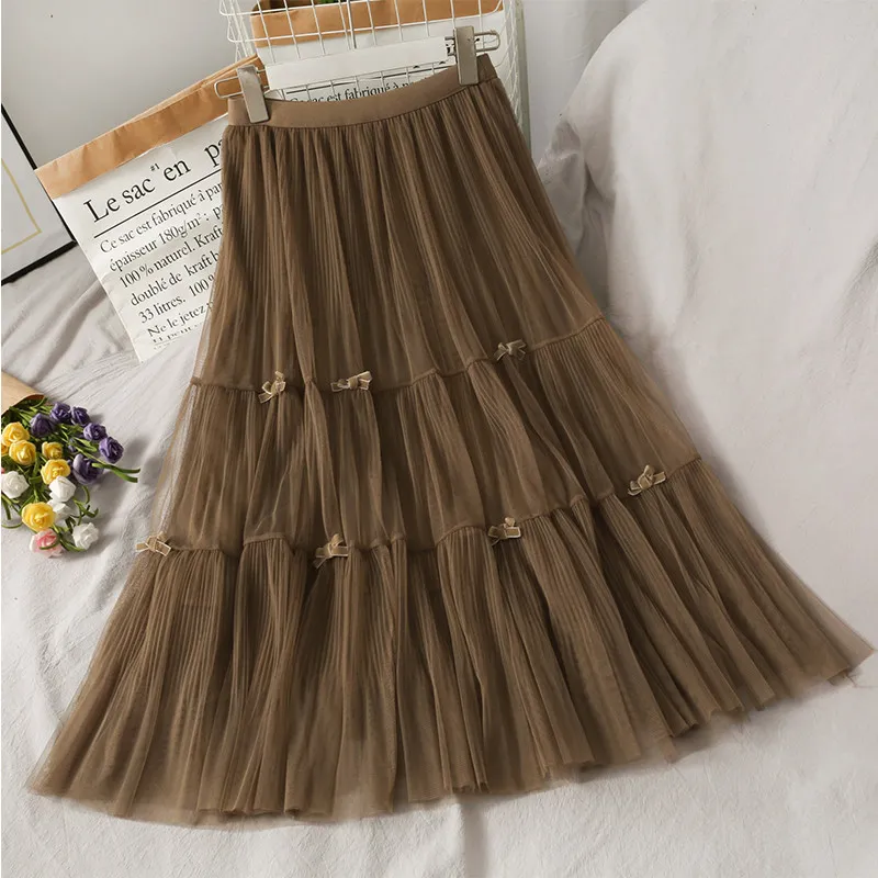 Elegante Bogen Tüll Plissee Rock Vintage Frauen Sommer Schwarz Midi Lange S Koreanische Lolita Jupe Weiß Mesh Für Teenager 210421