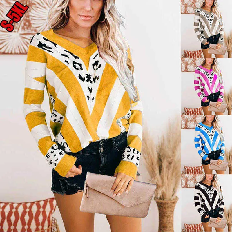 Mode Damen Langarm T-shirt Frühling V-ausschnitt Leopard Gestreiften Gedruckt Tops 5XL Plus Größe Lose Casual T Shirt Frauen 210526