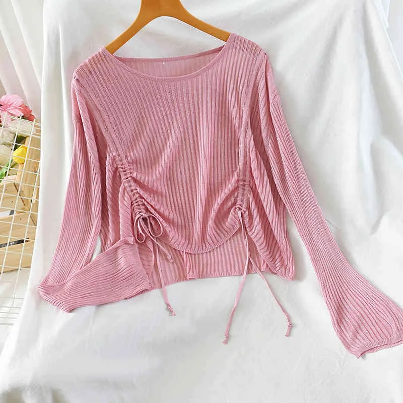 Spring Autumn Women's Top Hollow Round Neck Drawstring Loose Korean Pure Color Sunscreen Long Sleeve Female s LL242 210506