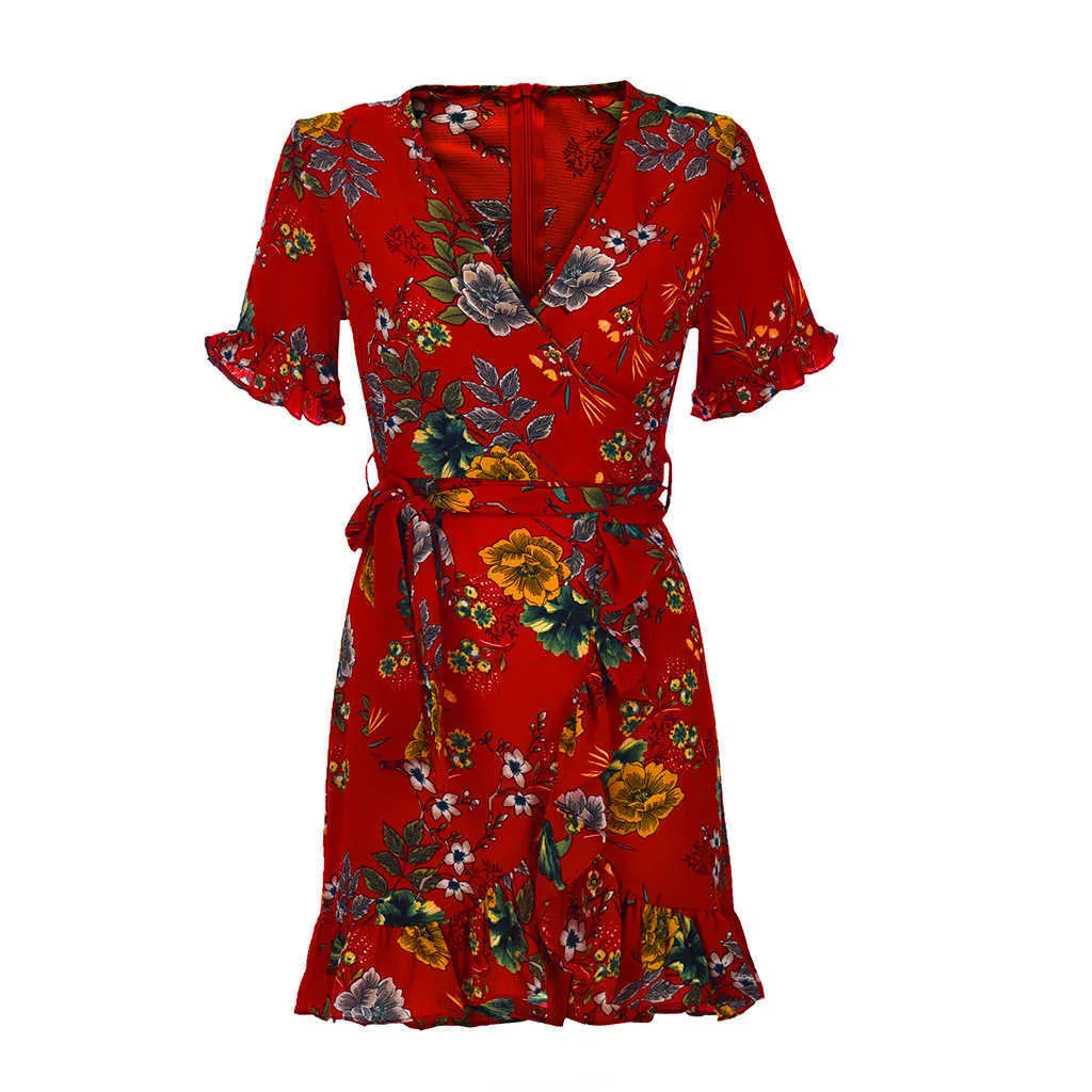 Leviortin Red Boho Короткое платье Женщины Сексуальное V-образным вырезом рюшачьего пляжа Летний цветочный мини Sundress 81953 210527