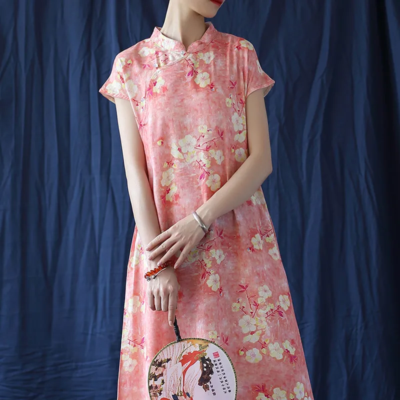 Johnature Kadınlar Pamuk Keten Elbise Çin Tarzı Cheongsam Düğme Standı Takım Yaz Kadın Baskı Çiçek Vintage Elbise 210521