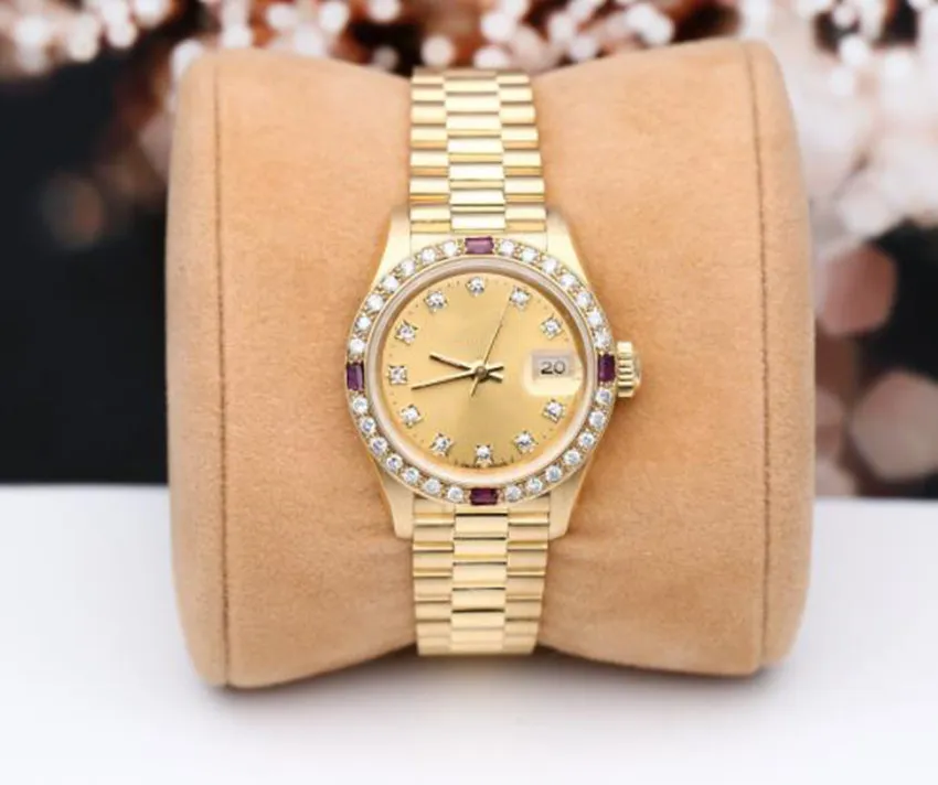 女性用時計サファイアクリスタルオートマチックメカニカル69178高品質のレッドゴールドダイヤモンドベゼルガールウォッチギフト26mm294m
