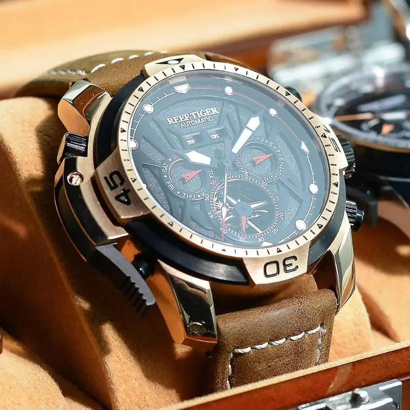 リーフタイガーRTメンズスポーツウォッチ本物の黒革ストラップ複雑なダイヤルローズゴールドオートマチックRGA3532 wristwatches284l