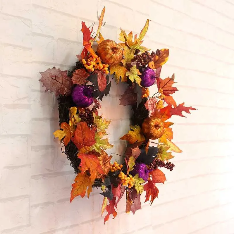 ハロウィーンの装飾カボチャの収穫シルクフォールフロントドアリース17 7インチ屋外の花輪感謝祭のギフトホーム装飾Y0901219W