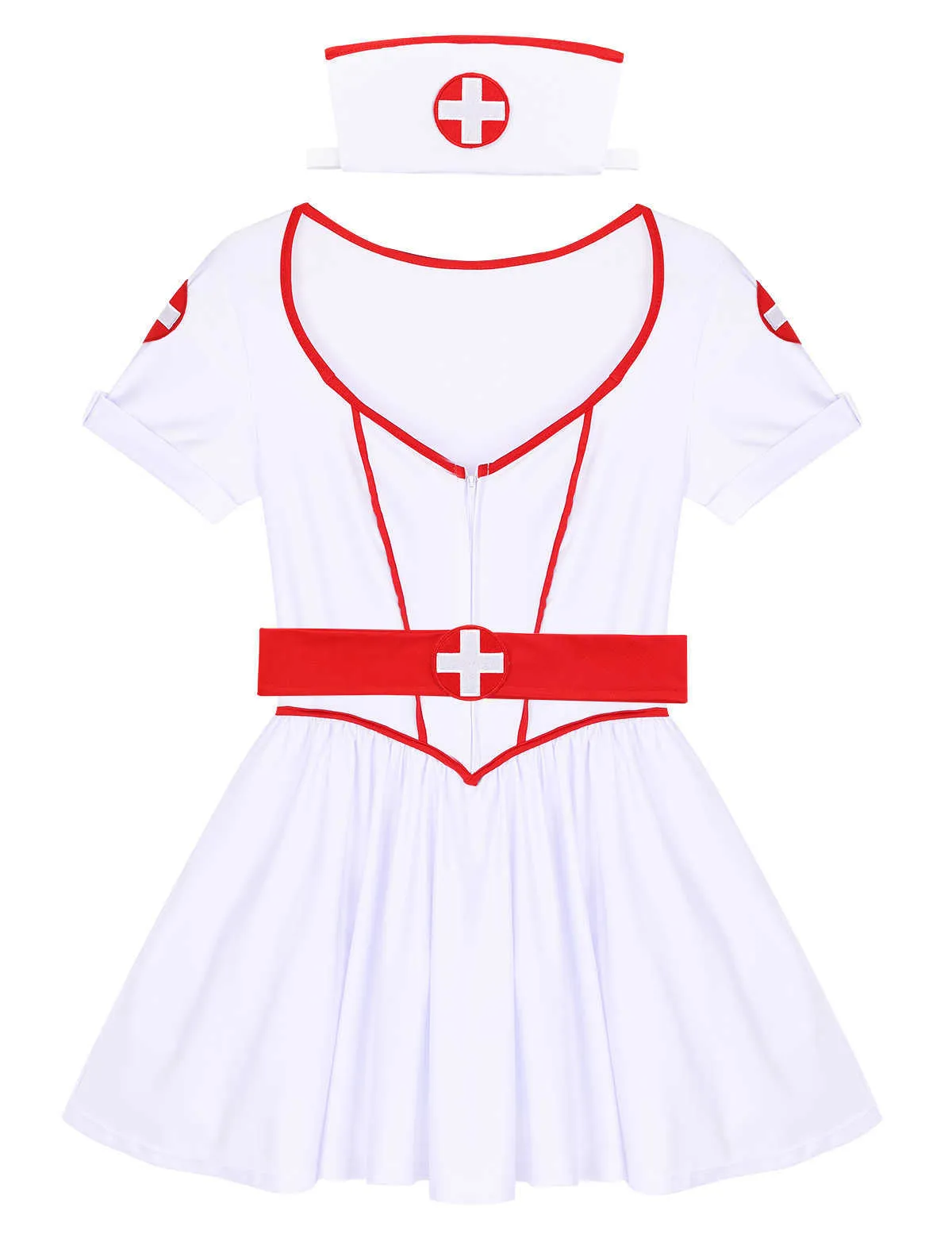 3-teiliges Cosplay-Kostüm für Damen und Erwachsene, freche Krankenschwester, Halloween-Party-Outfit, herzförmiger Ausschnitt, Tutu-Kleid mit Stirnband und Gürtel, G09259318708