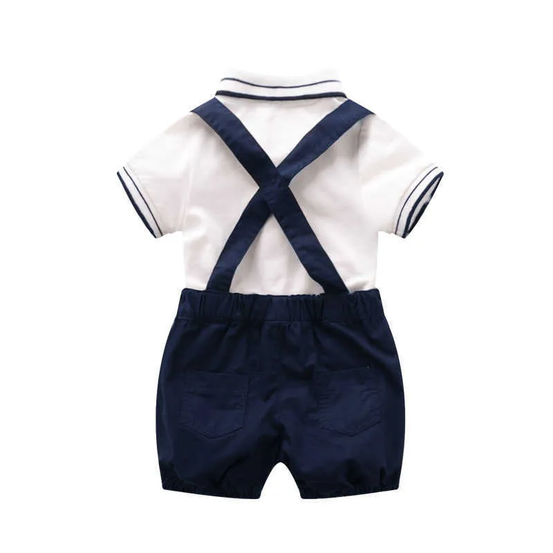 아기 소년 옷은 여름 유아 신사 면화 셔츠 + 서스펜 팬츠 유아 부티크 의류 태어난 된 침례 복장 210615