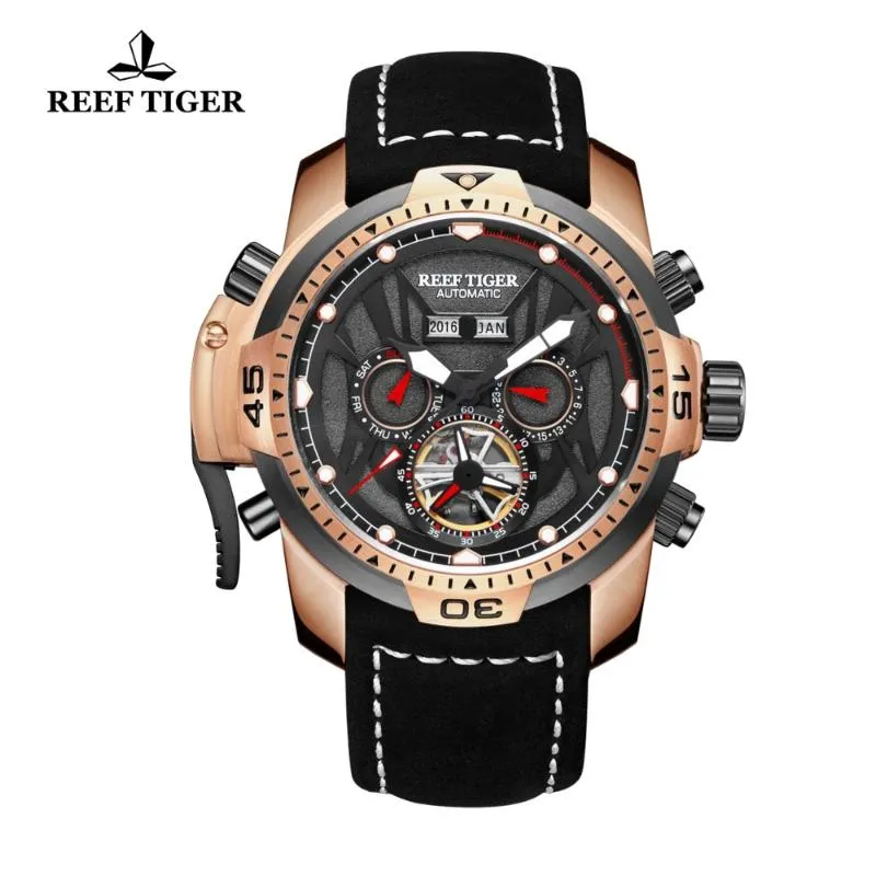 Reef Tiger RT Orologi sportivi da uomo cinturino in vera pelle nera quadrante complicato oro rosa automatico RGA3532 orologi da polso284L