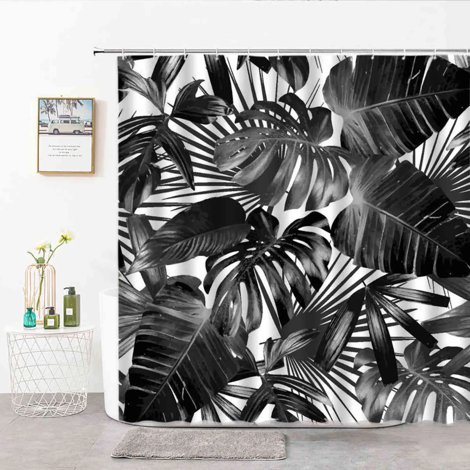 Plant Leaves Shower Curtains Black White Palm Leaf For Bathroom Decor Curtain Washable Fabric Customizable Size Bathroom Things 216565888