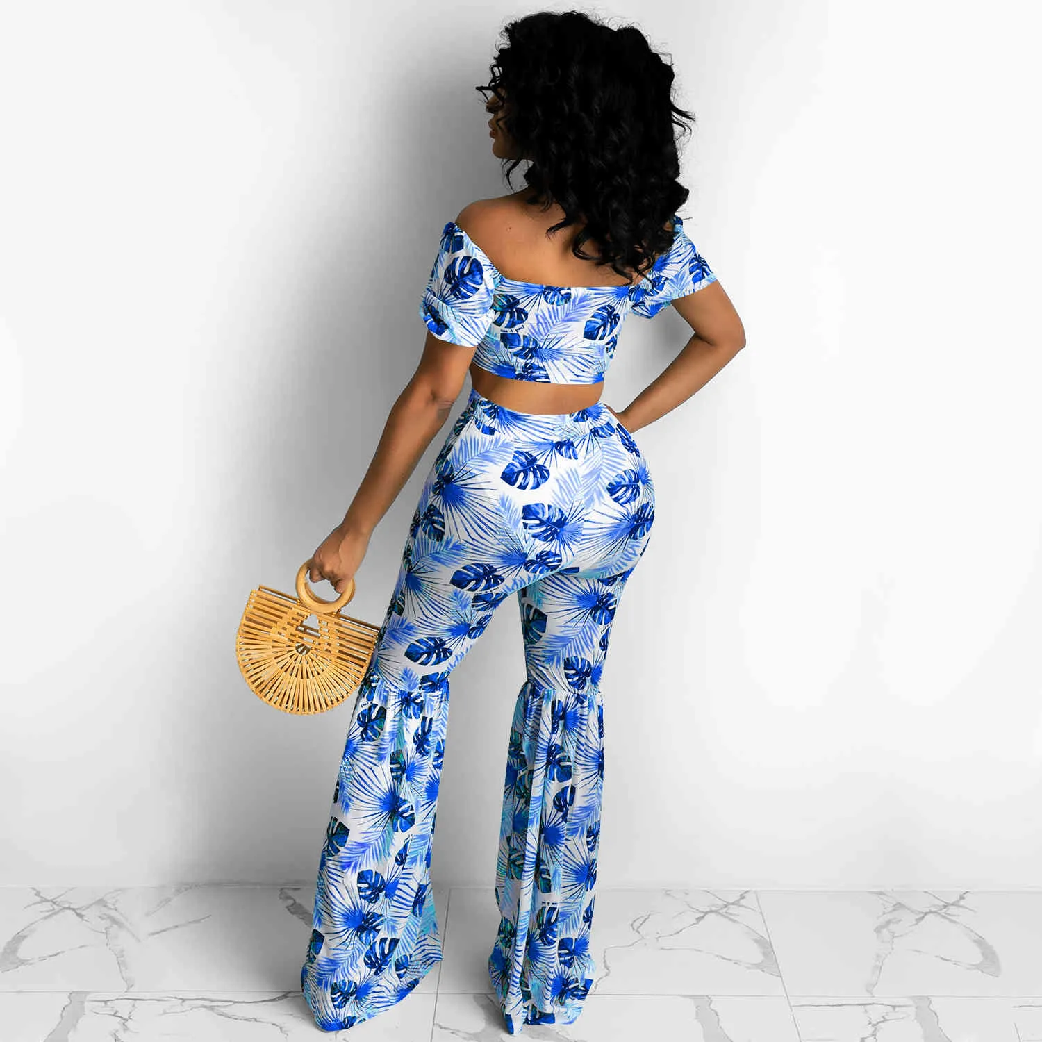 Two Piece Set Women Printed Bandage Off Shoulder Sexy Corset Top+Wide Leg Flare Pants Suits Summer Fashion Tracksuit Outfits 210517