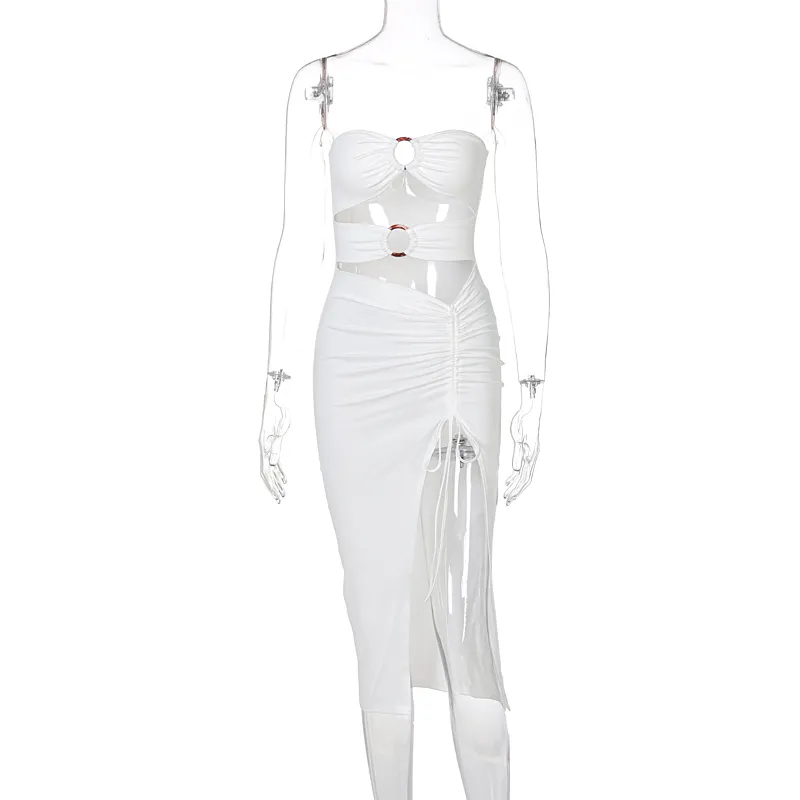 Seksi Dantelli Midi Elbiseler Kadınlar Bölünmüş İpli Straplez Kesip Beyaz Bodycon Elbise Yaz Tatil Plaj Kulübü Parti Robe 210517