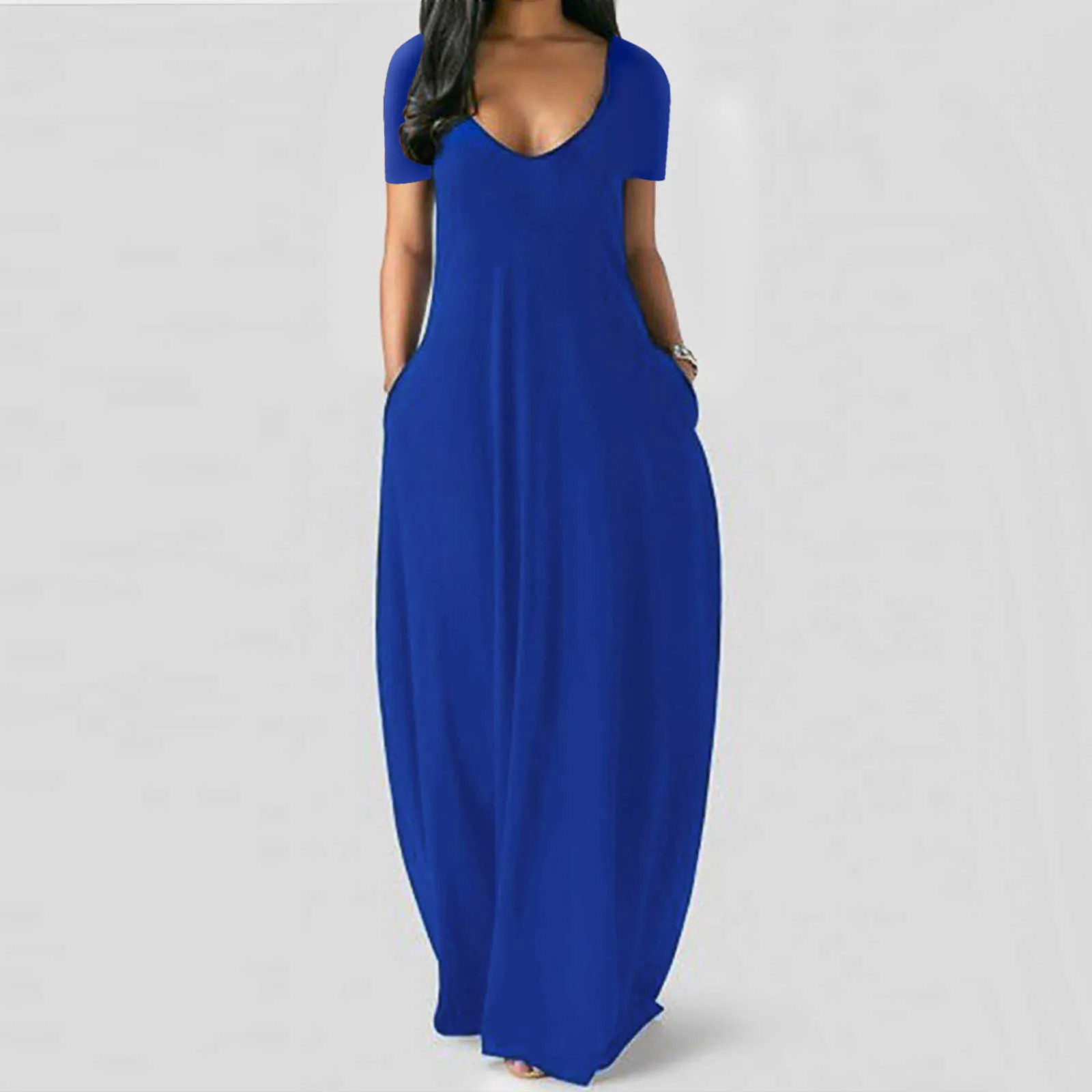 패션 포켓 쇼트 슬류 느슨한 여성 플러스 사이즈 드레스 여자 대형 여름 드레스 단색 v- 넥 롱 스커트 Y1006