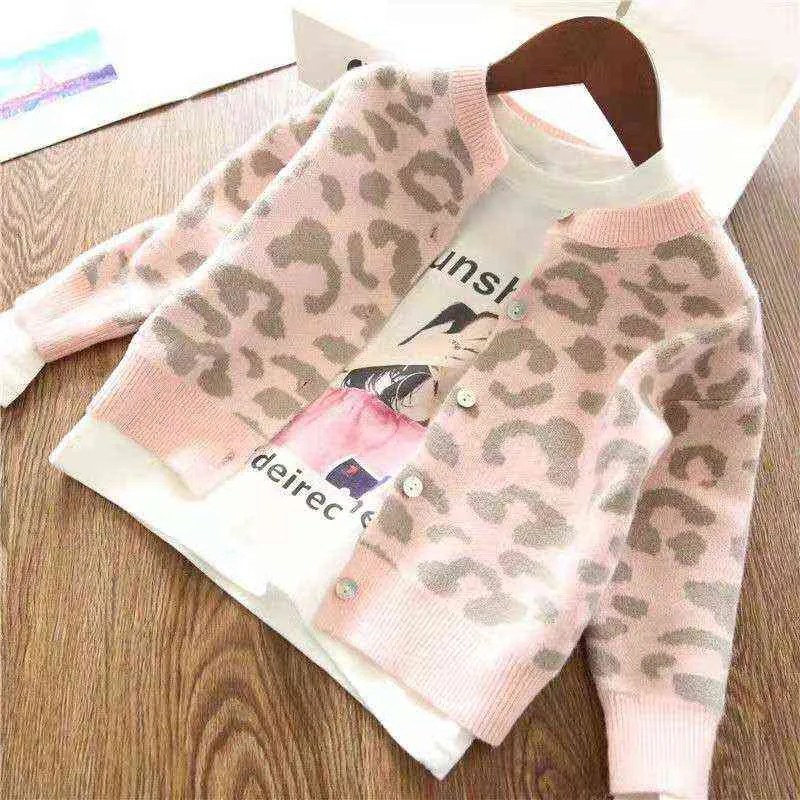 Herbst Baby Mädchen Mantel Mode Strickjacke Leopard Nette Strick Kleidung Kinder Kinder Baumwolle Jacke Stricken Pullover Kleidung Für Mädchen 211106