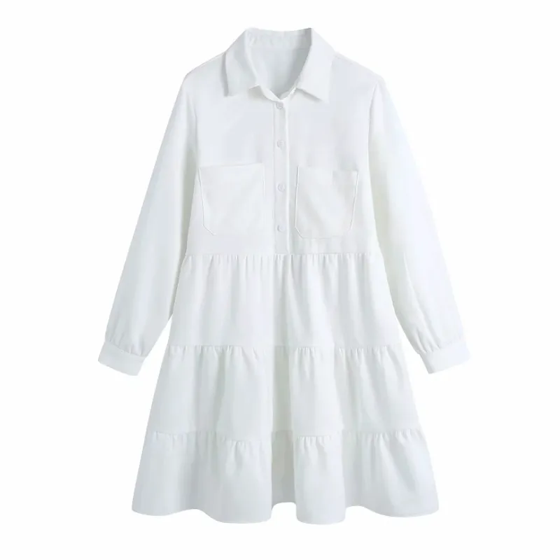 Primavera Donna Tiered Ruffle Mini Abito Camicia Donna Nove Quarti Vestiti Manica Casual Lady Allentato Vestido D7393 210430