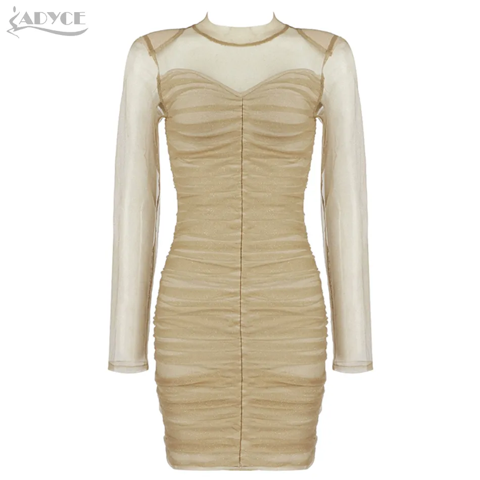 Winter Long Sleeve Mesh Bandage Dress Women Sexy Apricot Color Draped Mini Bodycon Celebrity Evening Party 210423