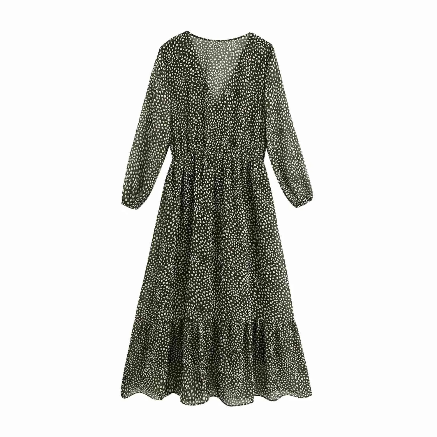 Pois automne hiver longue robe femmes col en v maxi en mousseline de soie robe élégante dames vert vintage robe vestidos 210415