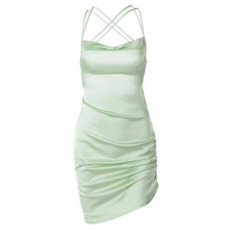 Sexy Spaghettiträger mit seitlichem Kordelzug, verstellbares Low-Cut-Kleid für Frauen, geraffte Spitze, Kreuzverband, rückenfrei, figurbetont, Party, Clubwear 210604