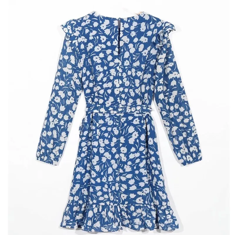 Rétro bleu blanc imprimé fleuri laçage ceintures manches longues robe courte femme Vintage français en mousseline de soie Mini robes vacances 210429