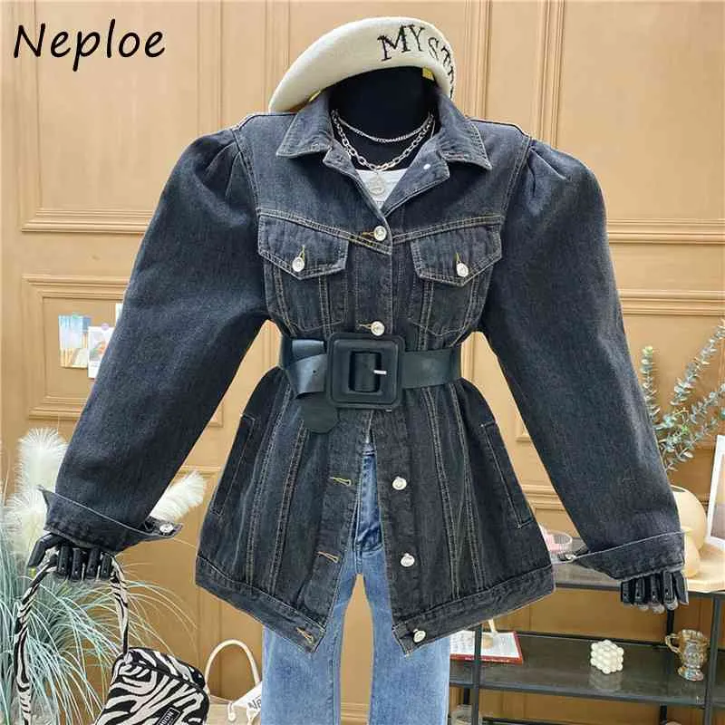 NEPLOE COURN W DÓŁ KOLLAR Z Długim Rękawem Pojedynczy Kurtka Dżinsowa Pierś Kobiety Slim Talii Sashes Solid Coat Femme Spring Outwear 210510