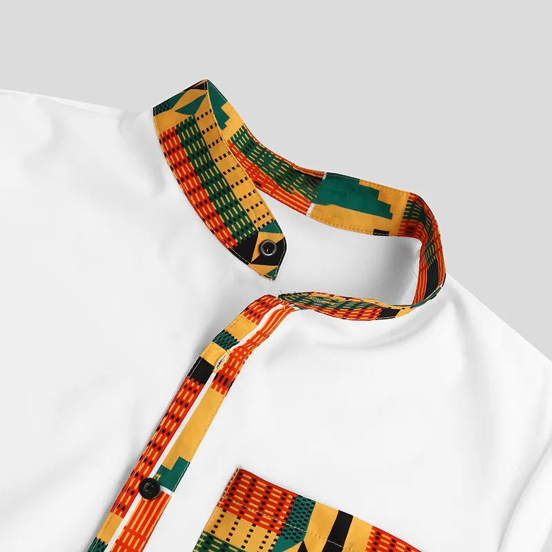 Camicie da uomo a maniche corte floreali con colletto alla coreana Camicia stampata etnica Bottoni allentati vintage Streetwear Abiti africani