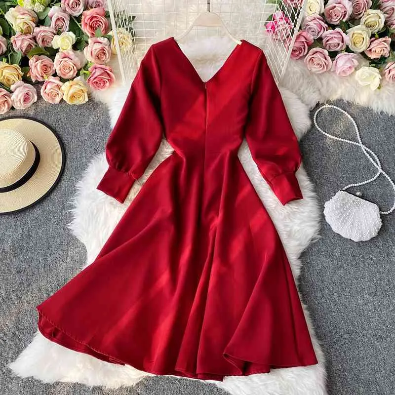 Ezgaga elegante vestido mulheres vintage manga comprida v-pescoço alta cintura de férias vestido vestido sólido vestidos francês estilo robe vestidos 210430
