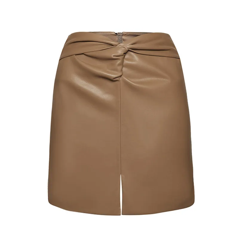 Taille haute demi-corps café grande taille arc au-dessus du genou jupe en cuir PU femmes mode marée printemps automne GX322 210421