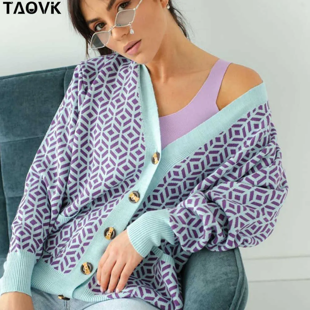 Taovk Damskie sweter Diamentowy Wzór Diamentowy Przyciski Single-Breasted Luźne Dorywczo Knit Cardigan 211026