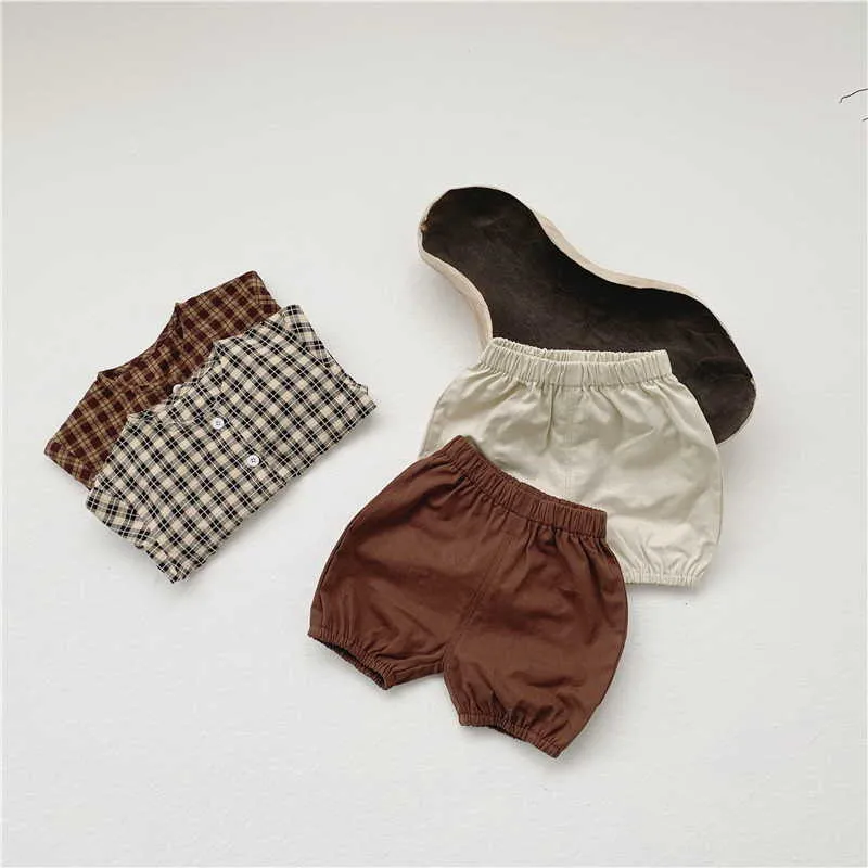 Groothandel zomer baby jongens meisje 2-pcs sets lange mouwen O-hals plaid shirt + shorts kinderen outfits E5052 210610