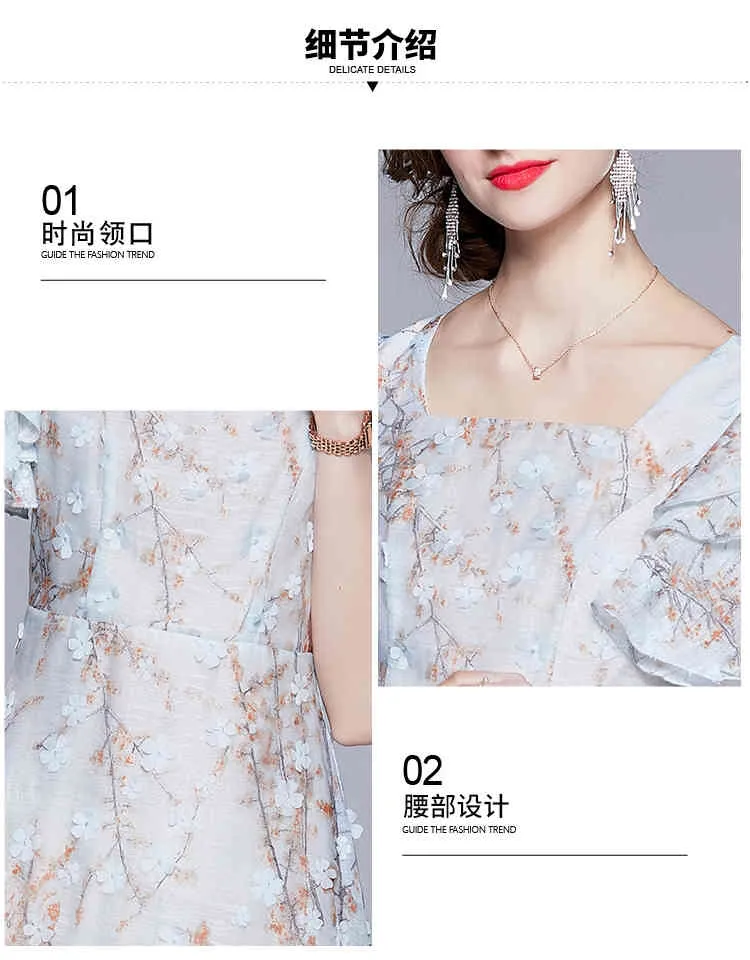 Summer Appliques Embroidery Women Ruffles Floral Butterfly Sleeves Square Collar Sky Blue Irregular Party Holiday Dresses 210514