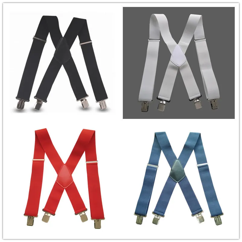 Suspensórios masculinos plus size, 50mm de largura, elástico alto ajustável, 4 clipes fortes, suspensórios pesados, calças x traseiras, 5 cores 2306