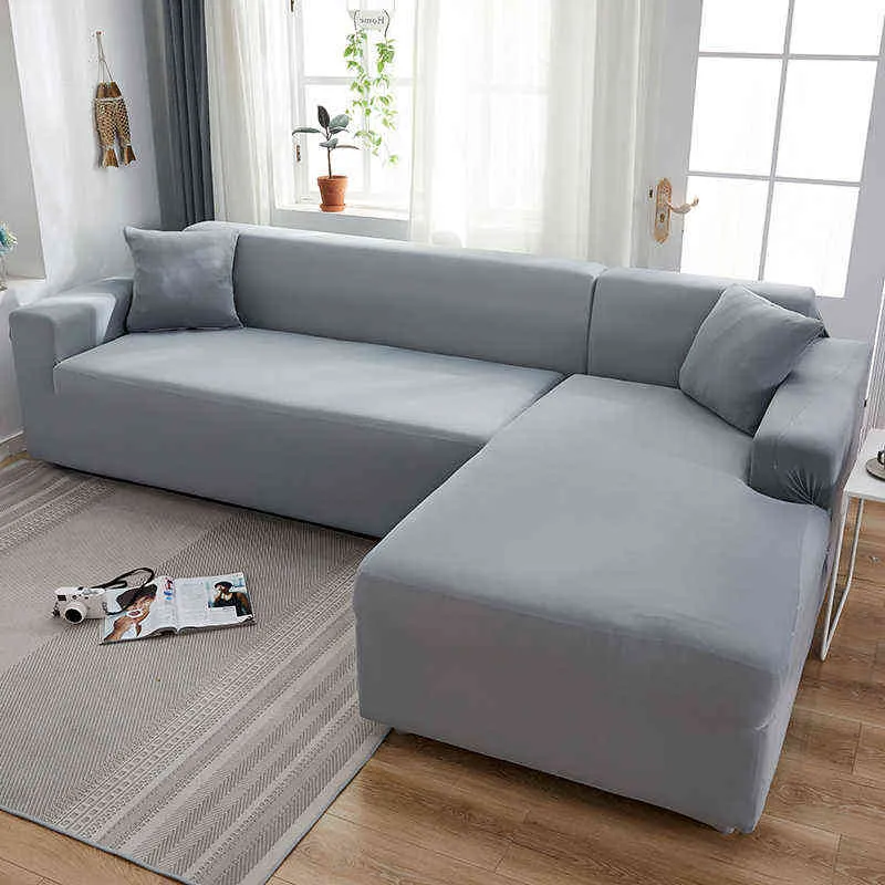 Grey Color Sofa Cover Stretch Elastic for Living Room Copridivano Couch Sectional Corner L-hape 211116