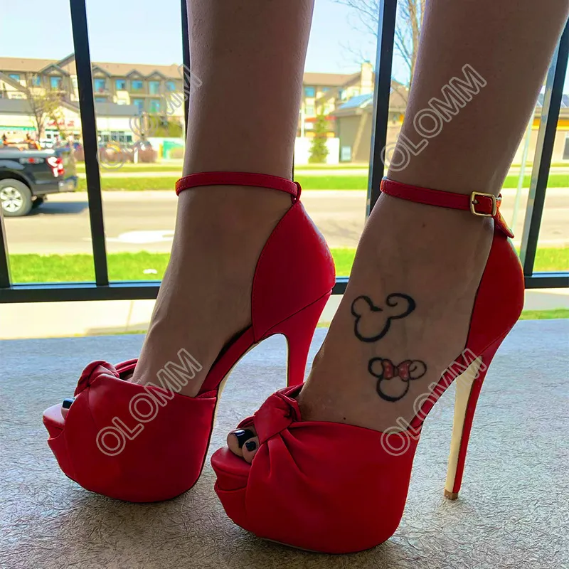 Olomm 2023Handmade Women Platform Sandals Ankle Strap Stileetto Heel Peep Toe Beautiful Black Nude Red Party Shoes Size 35 47 52