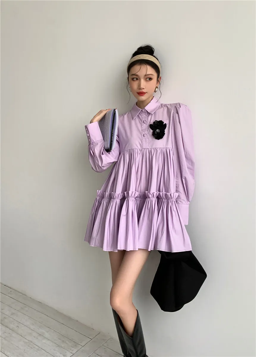 紫色のパフスリーブフリルシャツドレス女性の襟付きミニラインパッチかわいい長い韓国ファッションスプリング210427
