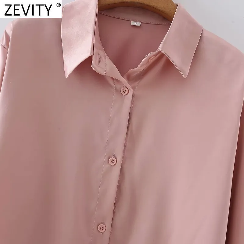 Mulheres moda cor sólida breasted cetim smock blusa escritório senhora manga longa camisa slim chic blusas tops ls7638 210420